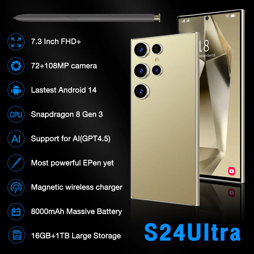 Smartphone S24 en color dorado con lápiz óptico, vista frontal y trasera